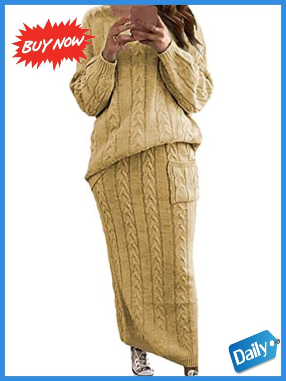 Women's Chunky Cable Knit Sweater and Maxi Skirt 2 Piece Set